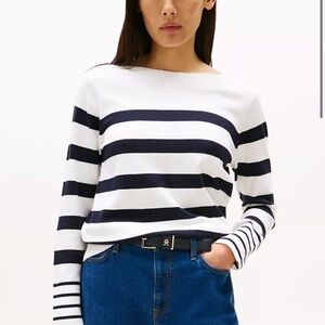 Navy and White Striped Long Sleeve Women's Top